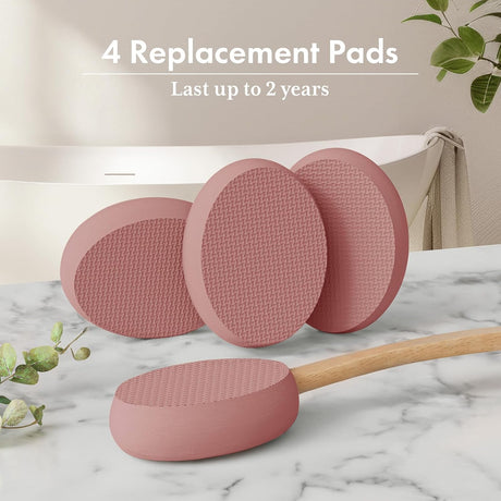 AmazerBath rosewood back lotion applicator with four replaceable textured EVA pads.