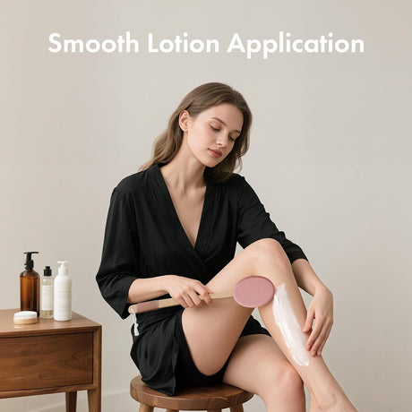 AmazerBath rosewood lotion applicator used for smooth application on the lower leg.