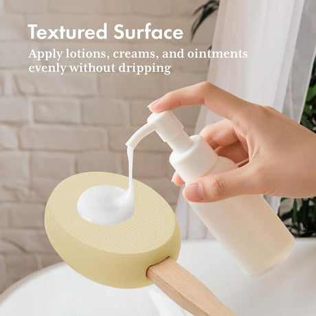 Lotion dispensed onto the textured sandstone EVA pad of the AmazerBath back applicator.
