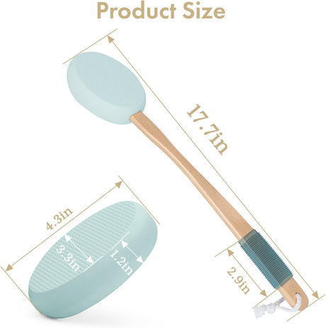 AmazerBath sky blue back lotion applicator with a 17.7-inch wooden handle, 4.3-inch pad, and anti-slip grip.