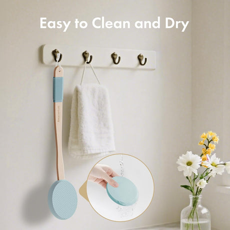Lotion dispensed onto the textured sky blue EVA pad of the AmazerBath back applicator.