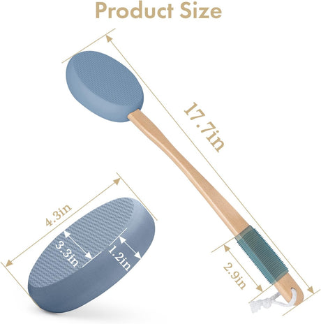 AmazerBath slate blue back lotion applicator with a 17.7-inch wooden handle, 4.3-inch pad, and anti-slip grip.