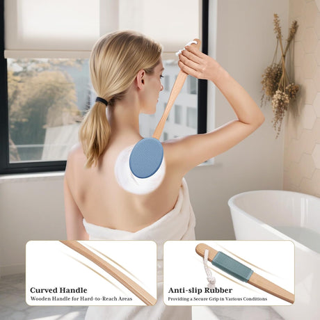 AmazerBath slate blue back lotion applicator used on the upper back with a curved wooden handle and anti-slip grip.