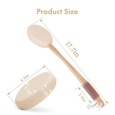 AmazerBath soft beige back lotion applicator with a 17.7-inch wooden handle, 4.3-inch pad, and anti-slip grip.