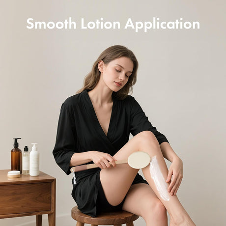 AmazerBath soft beige lotion applicator used for smooth application on the lower leg.