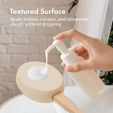 Lotion dispensed onto the textured soft beige EVA pad of the AmazerBath back applicator.