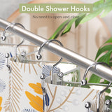 AmazerBath Chrome Ball End double shower hooks holding a shower curtain and liner separately on a metal rod.