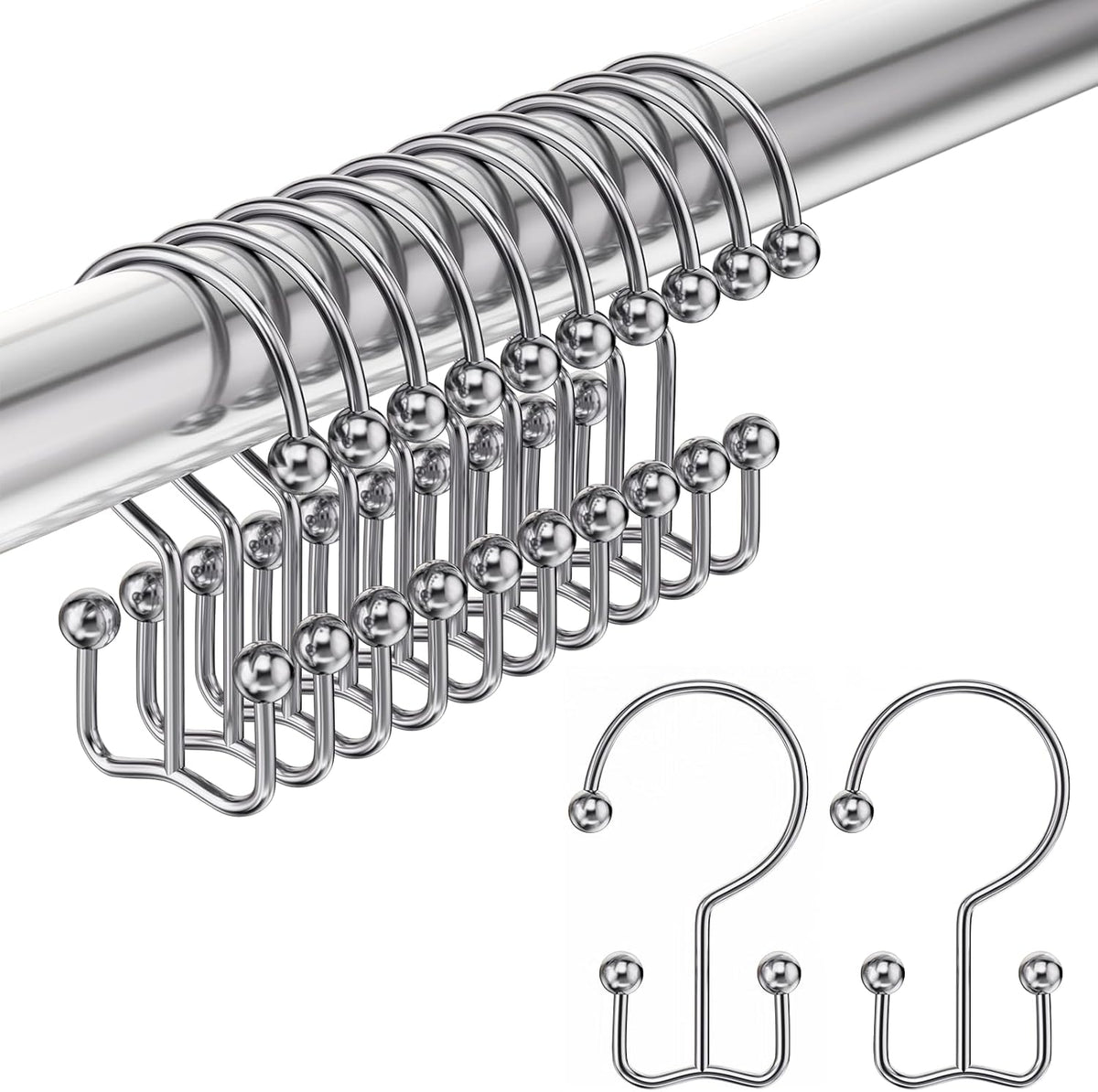 AmazerBath Chrome Ball End double shower curtain hooks displayed on a rod with two individual hooks on a white background.