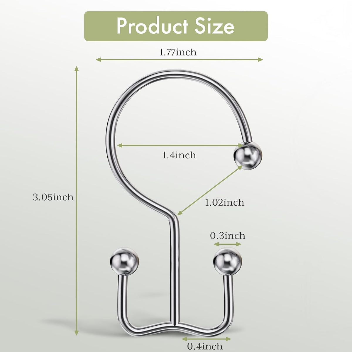 AmazerBath Chrome Ball End double shower curtain hook size guide showing the hook height, width, and ball-end dimensions.