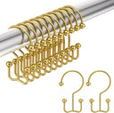 AmazerBath Dark Gold Ball End double shower curtain hooks displayed on a rod with two individual hooks on a white background.