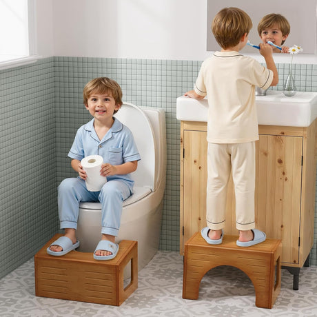 AmazerBath 3-in-1 Bamboo Potty Training Toilet Stool in Dark Wood, 9 Inches, product detail and key features.