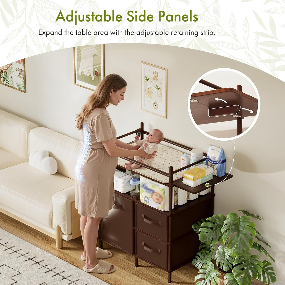 AmazerBath Dark Brown bamboo baby changing table in a nursery with an inset showing the adjustable leveling foot.