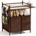 AmazerBath Dark Brown bamboo baby changing table with drawers, open shelves, side pockets, and nursery storage.