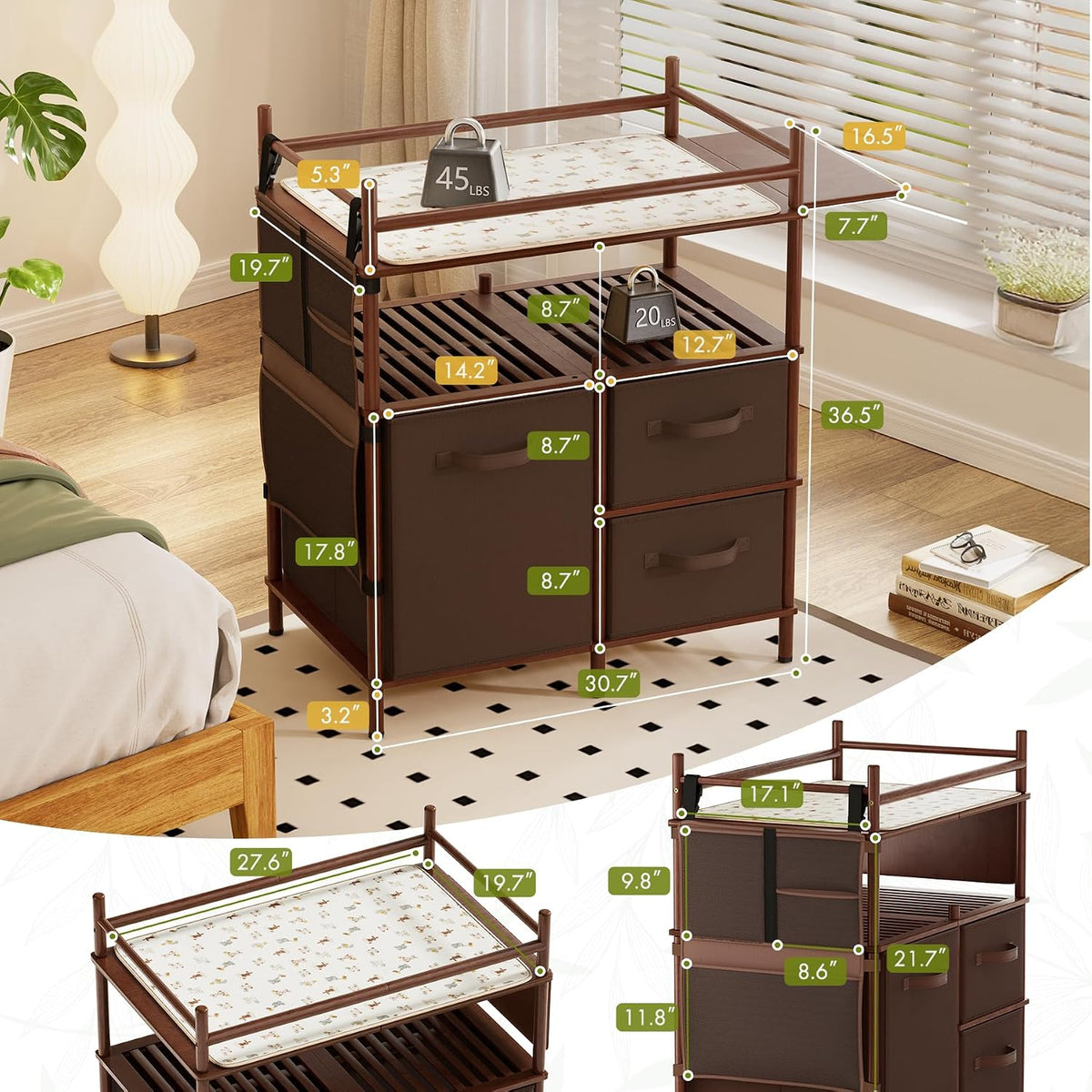 AmazerBath Dark Brown bamboo baby changing table size guide showing the overall dimensions, drawer sizes, and shelf spacing.