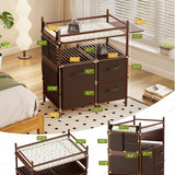 AmazerBath Dark Brown bamboo baby changing table size guide showing the overall dimensions, drawer sizes, and shelf spacing.