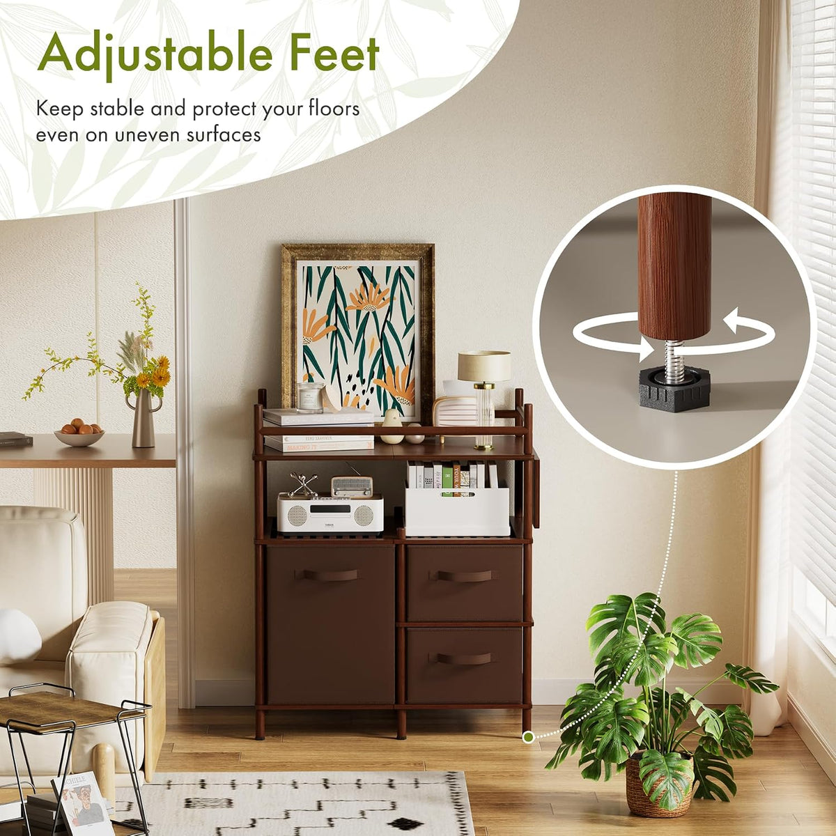 AmazerBath Dark Brown bamboo baby changing table with open drawers and shelves demonstrating large storage capacity and load support.