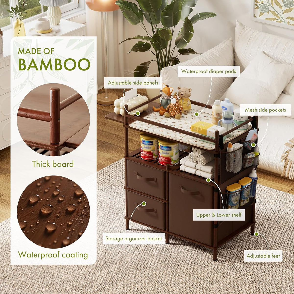 AmazerBath Dark Brown bamboo baby changing table highlighting thick bamboo, waterproof coating, storage shelves, and side pockets.