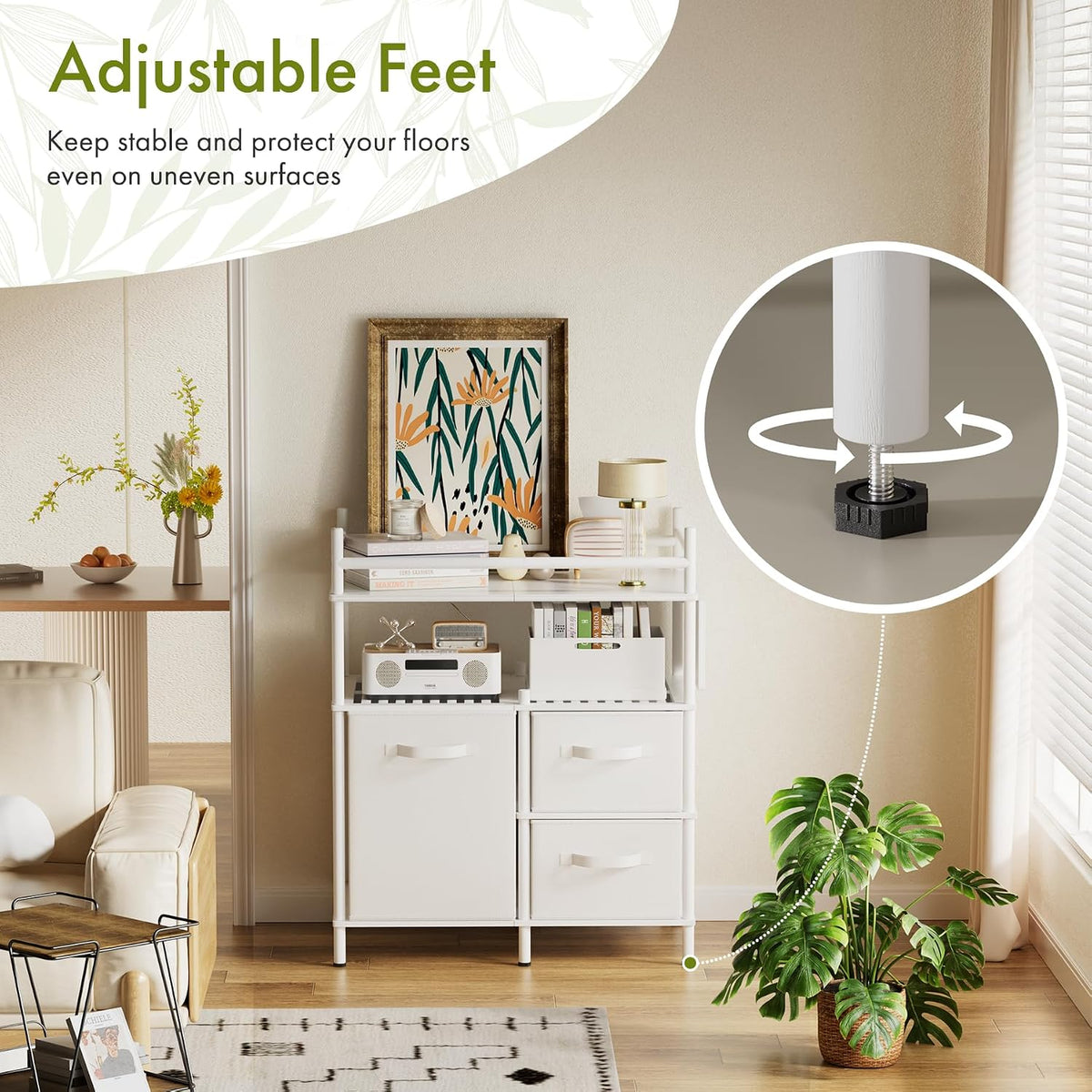 AmazerBath White bamboo baby changing table in a nursery with an inset showing the adjustable leveling foot.