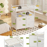 AmazerBath White bamboo baby changing table size guide showing the overall dimensions, drawer sizes, and shelf spacing.