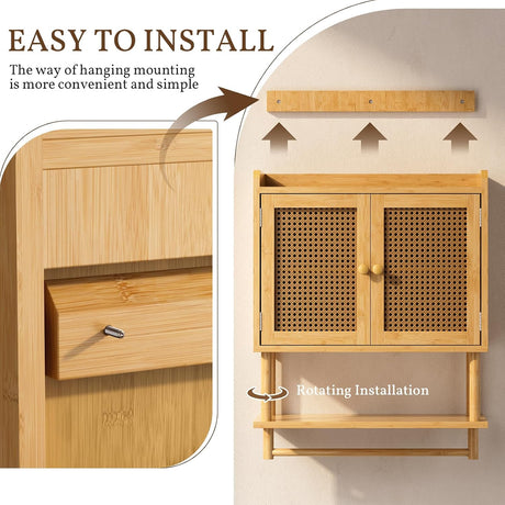 Installation steps for the Bamboo Bathroom Wall Cabinet with Towel Bar.