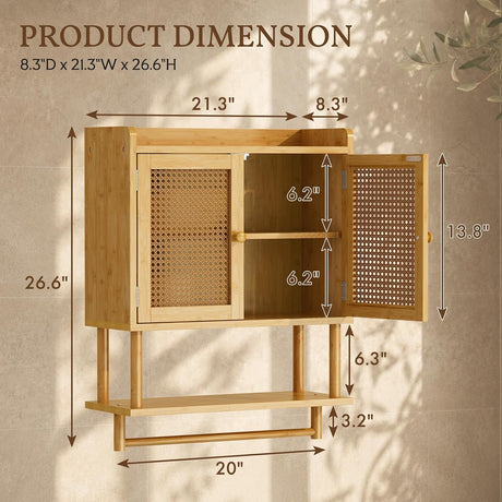 Bamboo Bathroom Wall Cabinet with Towel Bar size and dimensions chart.