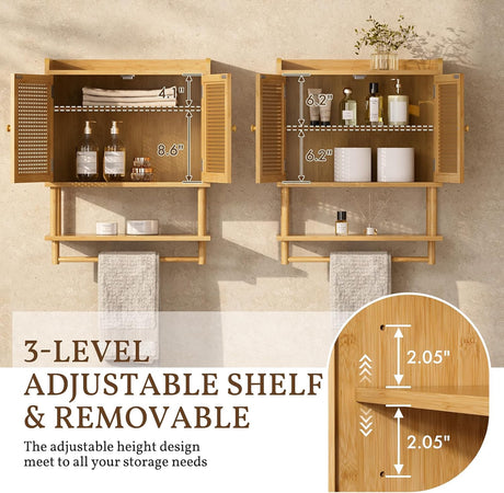 Adjustable size and extension range of the Bamboo Bathroom Wall Cabinet with Towel Bar.