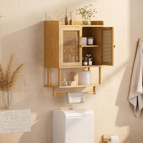 Natural rattan-door AmazerBath bamboo wall cabinet installed above a toilet.