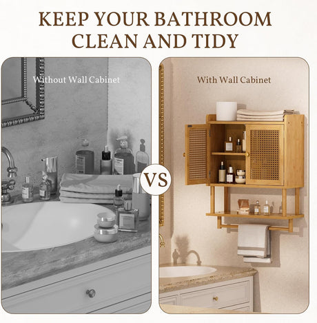 Before-and-after bathroom storage comparison with the natural rattan-door bamboo wall cabinet.