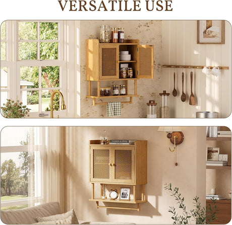 Natural rattan-door AmazerBath bamboo wall cabinet shown in kitchen and living room storage settings.