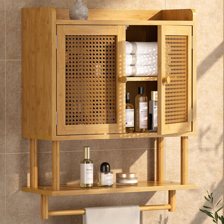 Natural AmazerBath bamboo wall cabinet with rattan doors open to show the shelf and towel bar.