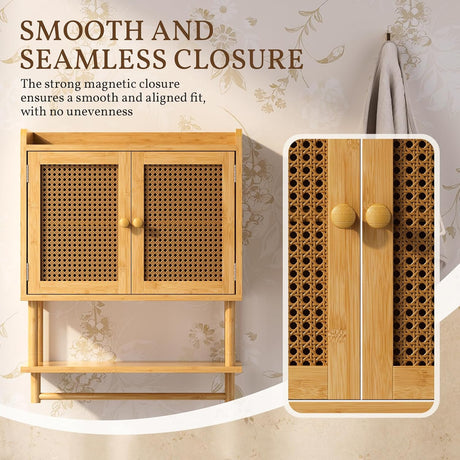 Magnetic closure on the Bamboo Bathroom Wall Cabinet with Towel Bar forming a smooth aligned seam.