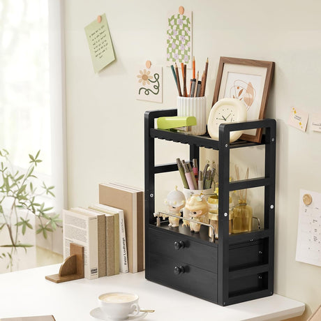 AmazerBath Bamboo Countertop Vanity Organizer in Black, 7.09"D x 13.39"W x 18.9"H, product detail and key features.