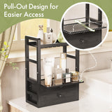 Pull-out lower tray on the black AmazerBath bamboo countertop organizer for easier access to bottles.