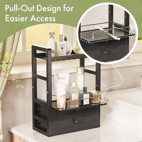 AmazerBath Bamboo Countertop Vanity Organizer in Black, 7.09"D x 13.39"W x 18.9"H, product detail and key features.