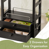 Close-up of the two storage drawers on the black AmazerBath bamboo countertop organizer.
