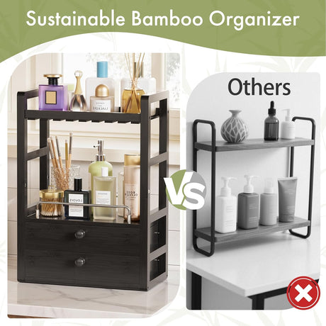 AmazerBath Bamboo Countertop Vanity Organizer in Black, 7.09"D x 13.39"W x 18.9"H, product detail and key features.