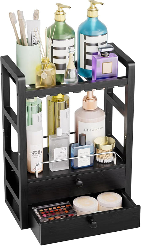 AmazerBath Bamboo Countertop Vanity Organizer in Black, 7.09"D x 13.39"W x 18.9"H, product detail and key features.
