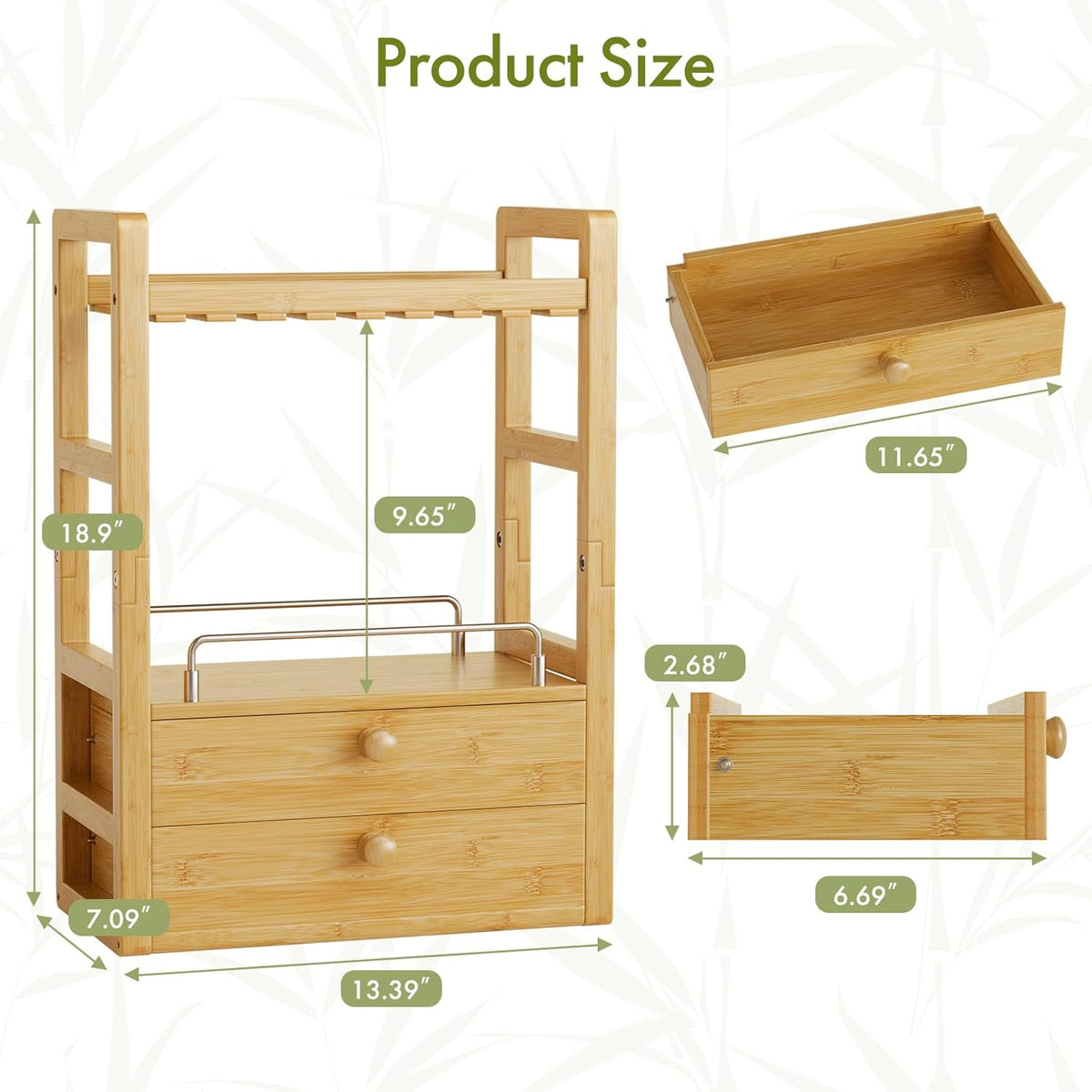 Bamboo Countertop Vanity Organizer size and dimensions chart.