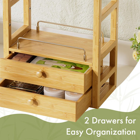 AmazerBath bamboo countertop organizer close-up showing two drawers and upper storage shelf.