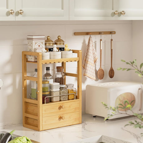 AmazerBath bamboo countertop organizer storing jars and bottles on a kitchen counter.