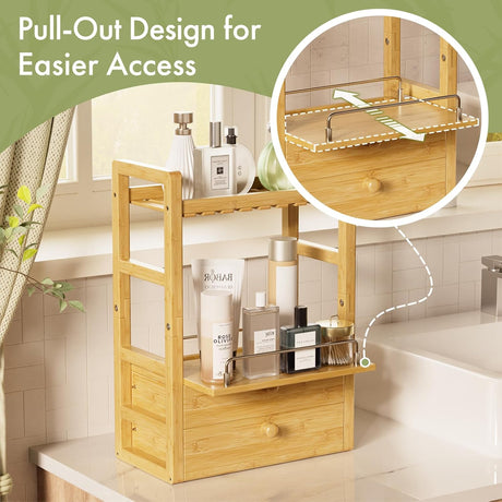 AmazerBath bamboo vanity organizer with pull-out shelf for easier access to toiletries.