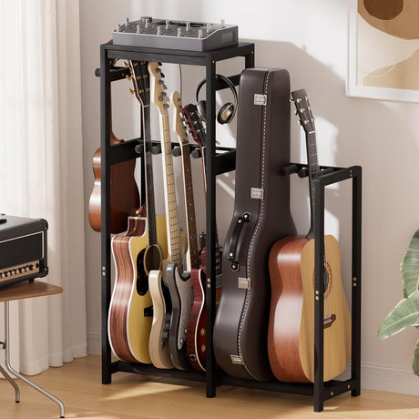 AmazerBath Black bamboo guitar stand with adjustable dividers, product gallery image showing design details and features.