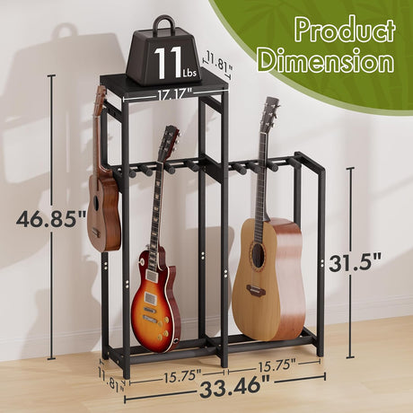 AmazerBath Black bamboo guitar stand with adjustable dividers, product gallery image showing design details and features.