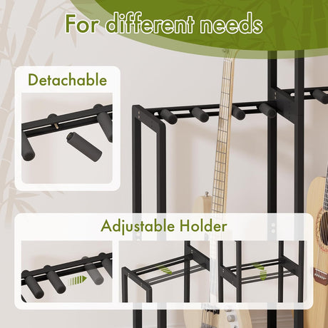 AmazerBath Black bamboo guitar stand with adjustable dividers, product gallery image showing design details and features.