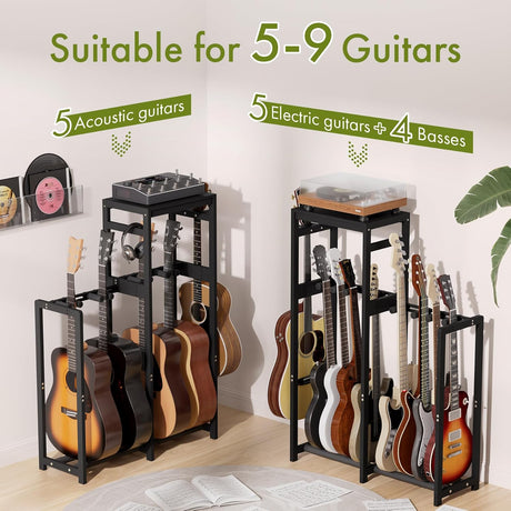 AmazerBath Black bamboo guitar stand with adjustable dividers, product gallery image showing design details and features.