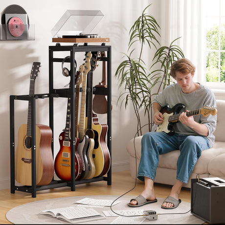 AmazerBath Black bamboo guitar stand with adjustable dividers, product gallery image showing design details and features.