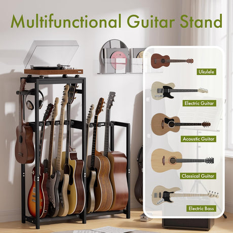 AmazerBath Black bamboo guitar stand with adjustable dividers, product gallery image showing design details and features.