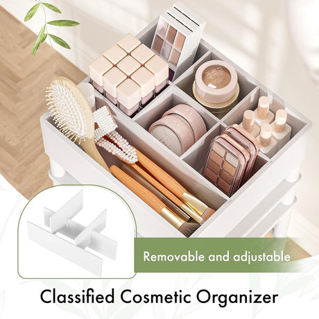 AmazerBath Bamboo Makeup Organizer with 3 Drawers in White, product detail image highlighting the design and key features.
