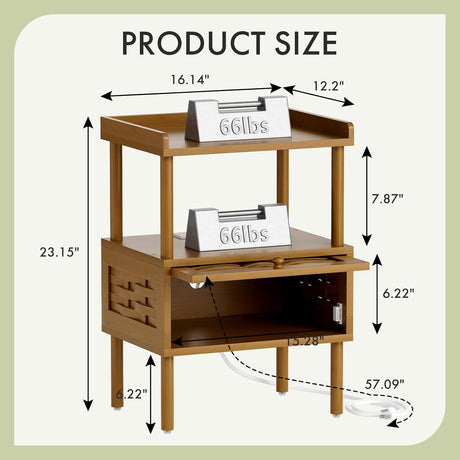 AmazerBath Walnut Brown bamboo nightstand with charging station, product gallery image showing design details and features.