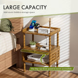 Storage shelves and organization features of the Bamboo Nightstand with Charging Station in brown.